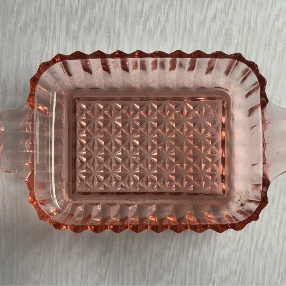Vintage depression glass. Pink Hocking geometric, diamond candy dish.
